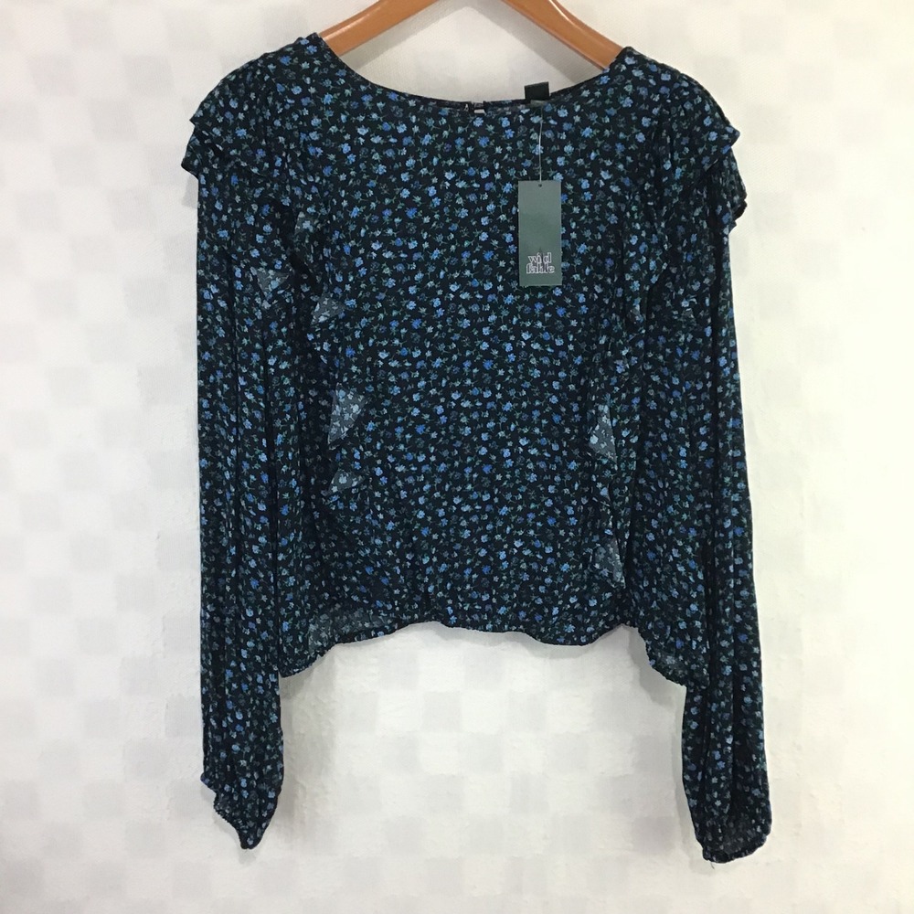 Wild Fable Womens 3X Blue Floral Ruffle Long Sleeve Cropped Blouse NWT